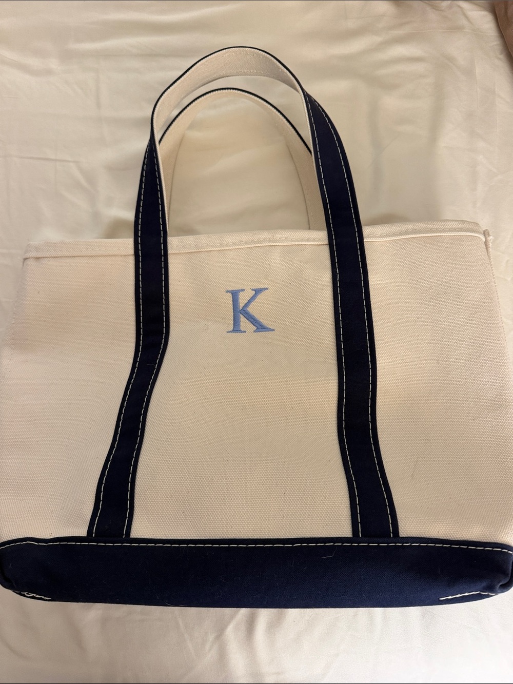 L.L. Bean Medium Boat & Tote Canvas Tote Bag with Navy Trim and Monogram